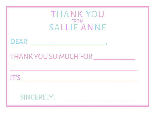 Colorful personalized fill-in-the-blank thank you notes