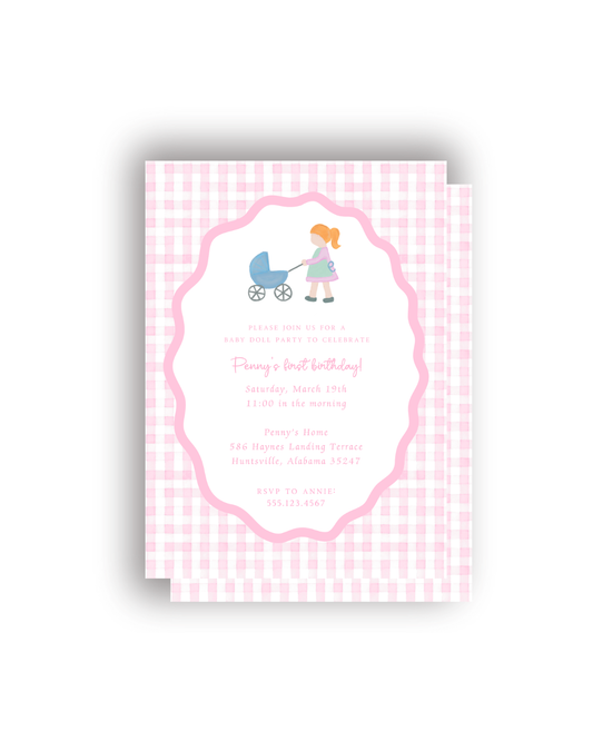 Girl and Baby Carriage personalized invitations