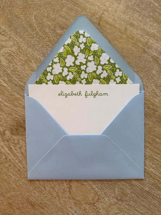 Green Ditsy Floral Personalized notecards with blue envelopes