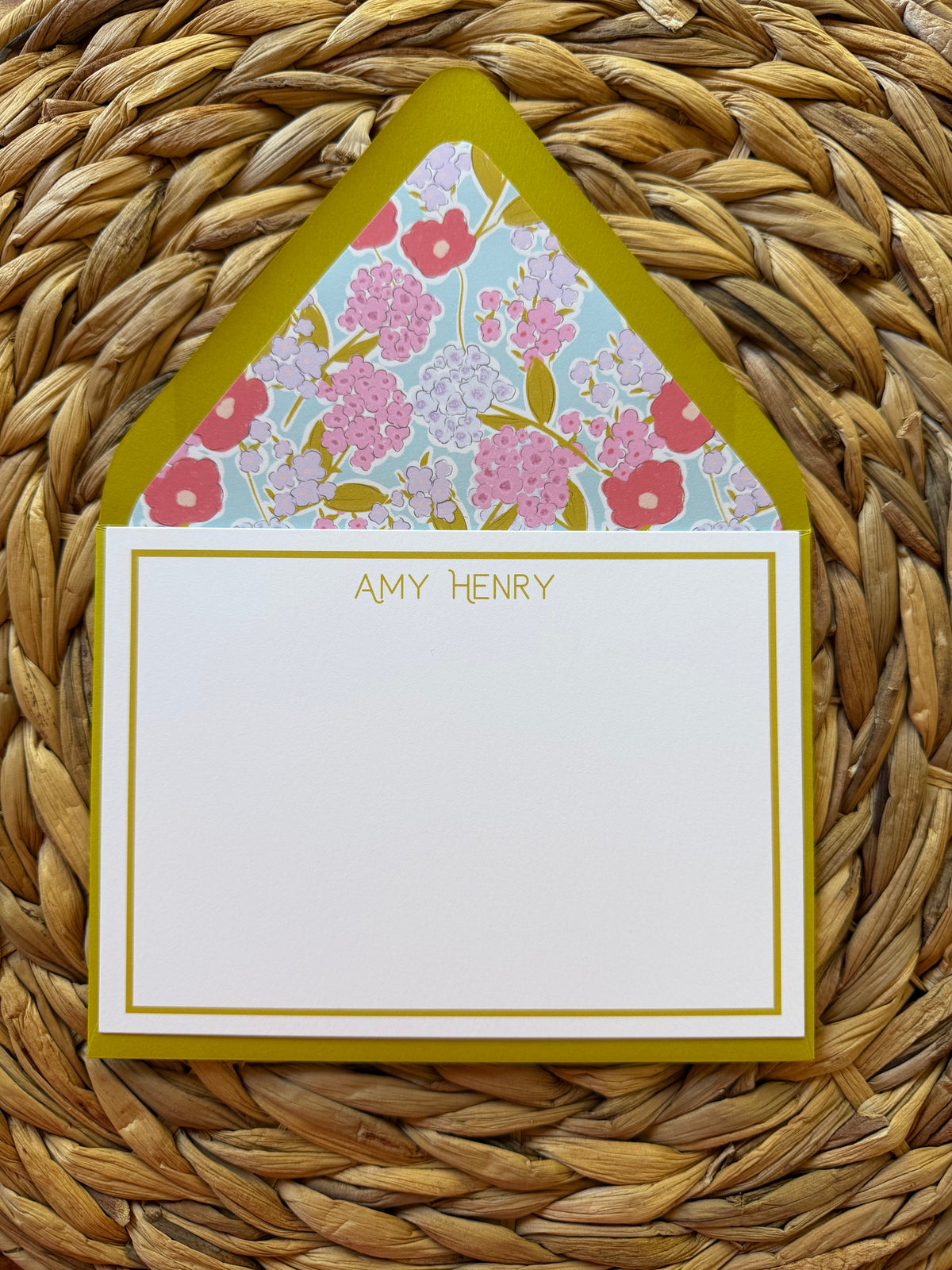 Chartreuse and Floral Personalized Notecards