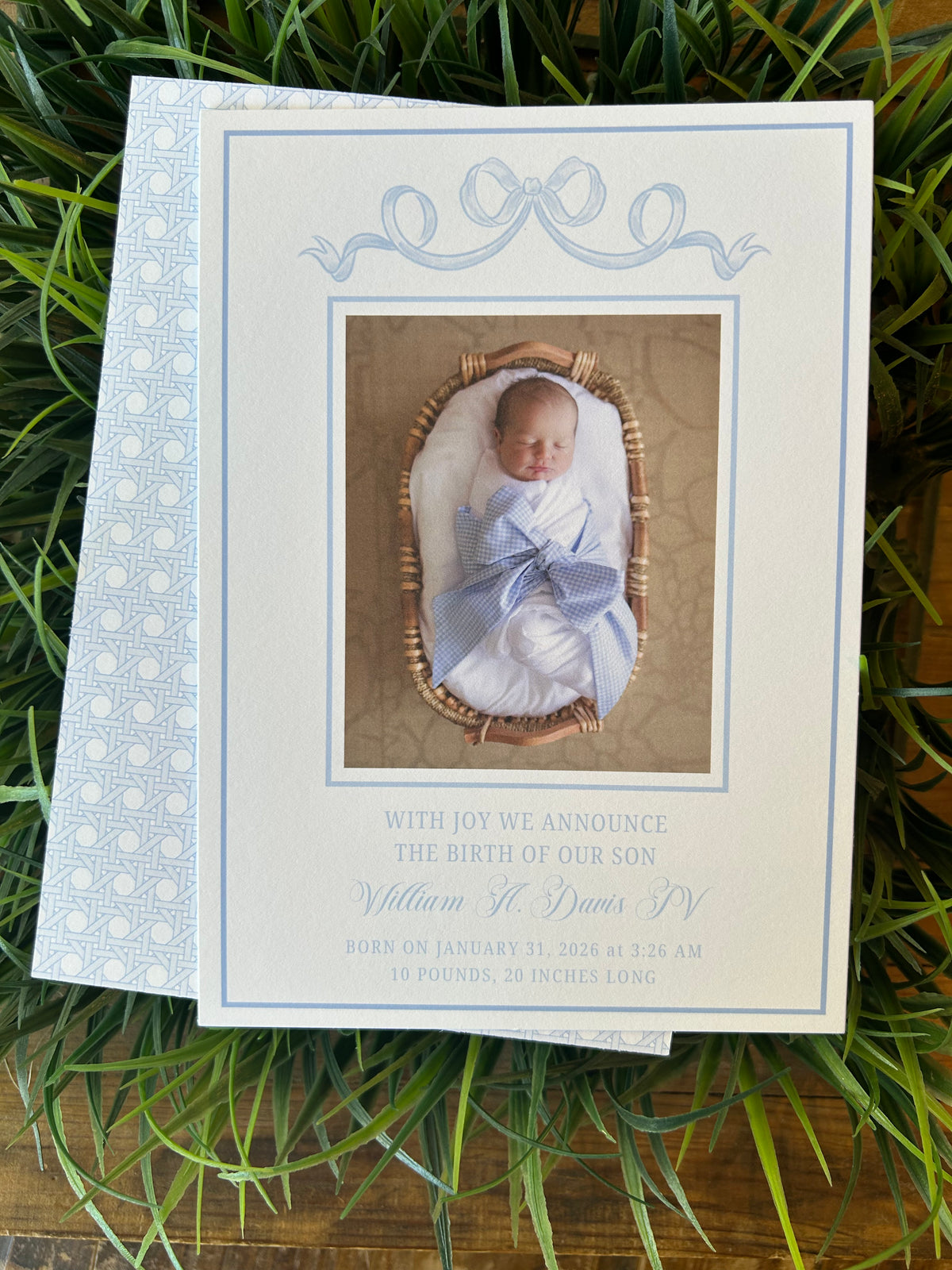 Blue Bow and Rattan Birth Announcement