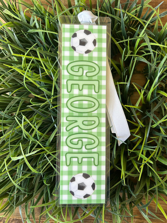 Green gingham and soccer ball personalized bookmark