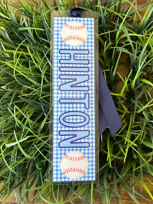 Blue gingham and baseball personalized bookmark
