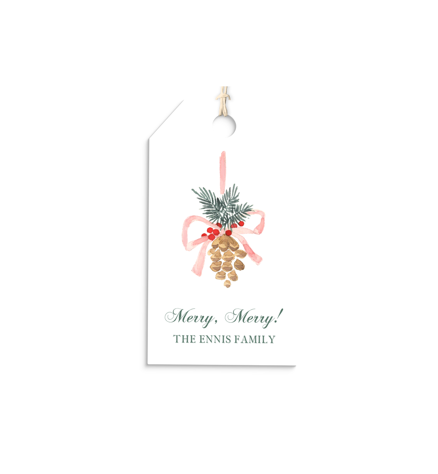 Pine Cone and bow personalized hang tags