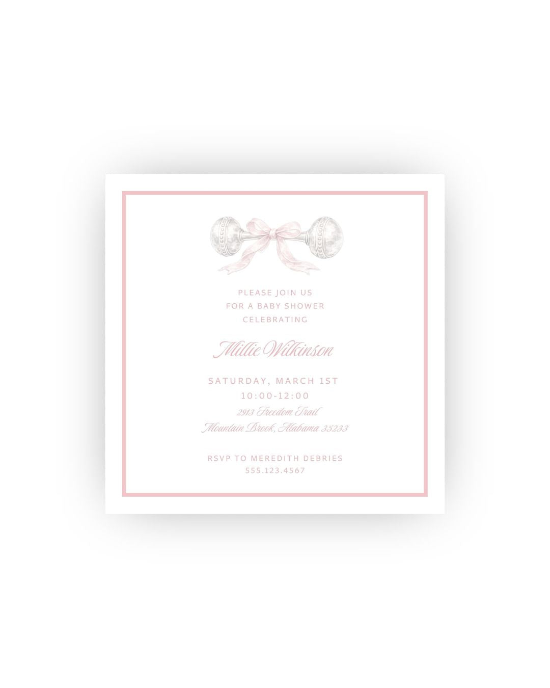 Baby Rattle and Bow square personalized invitations