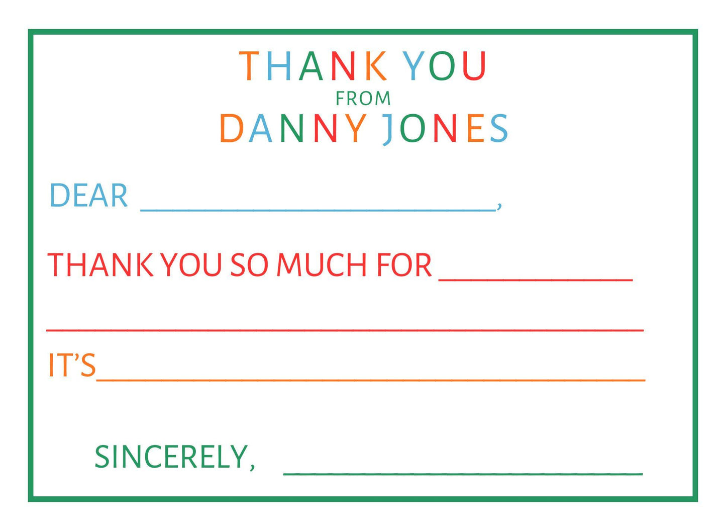 Colorful personalized fill-in-the-blank thank you notes