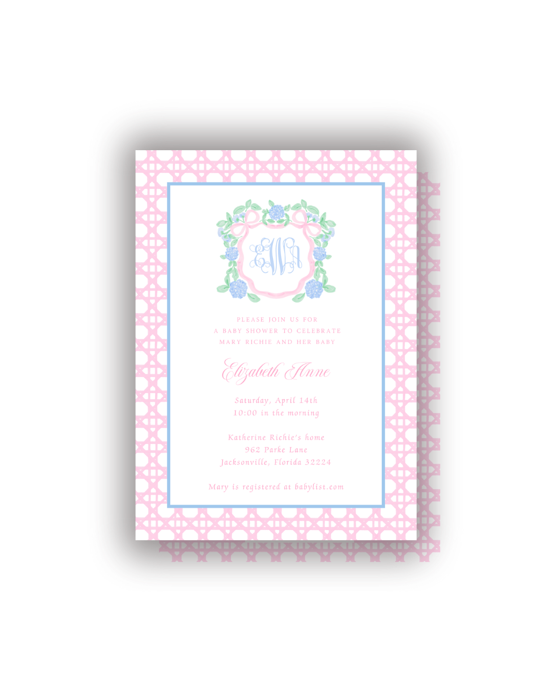 Hydrangea Crest and Cane personalized invitations