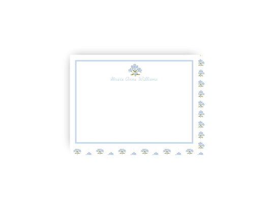 Blue Floral Block Print personalized flat notecards