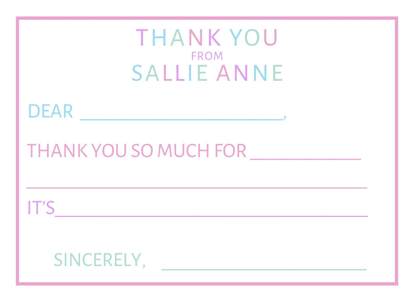 Colorful personalized fill-in-the-blank thank you notes