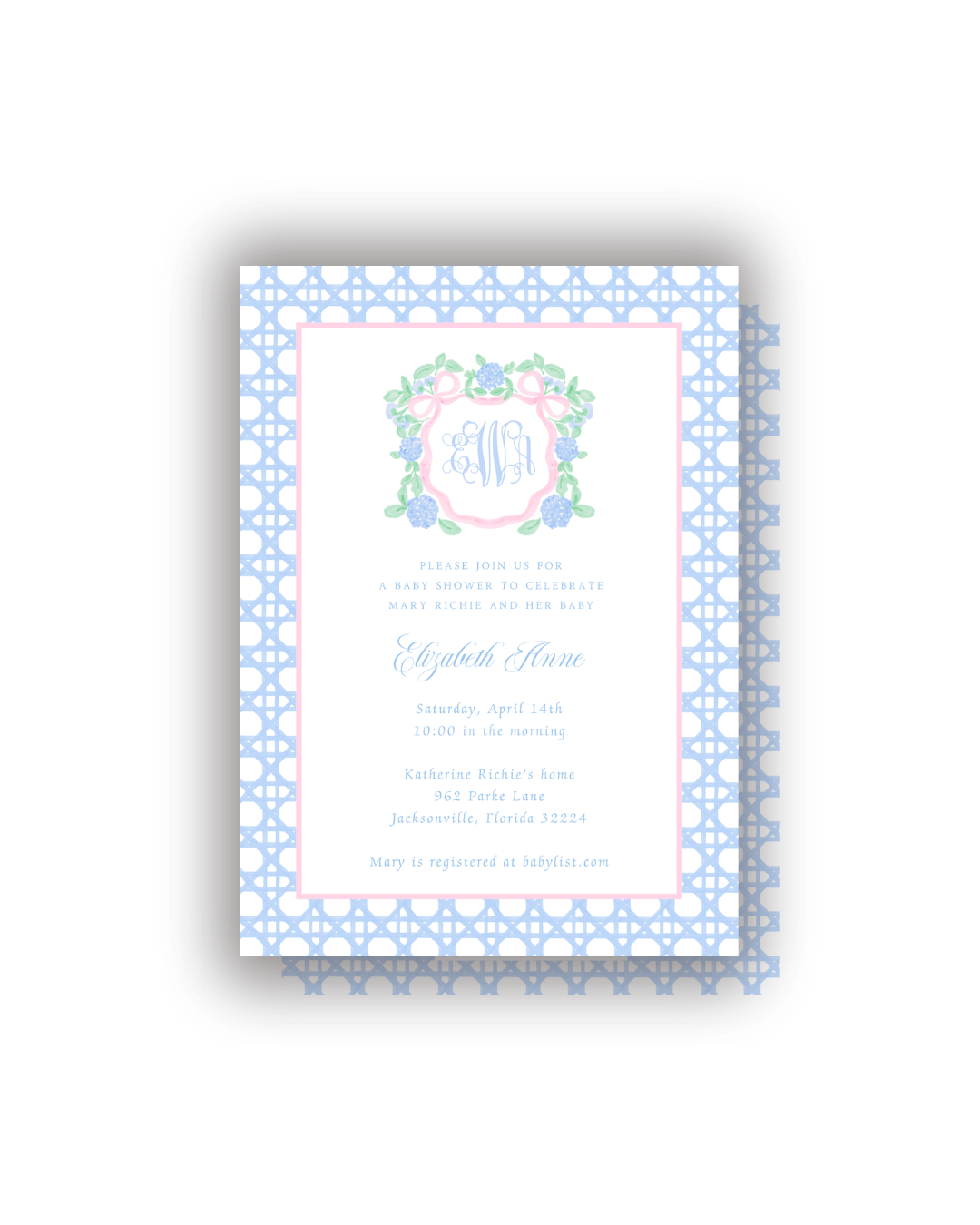 Hydrangea Crest and Cane personalized invitations