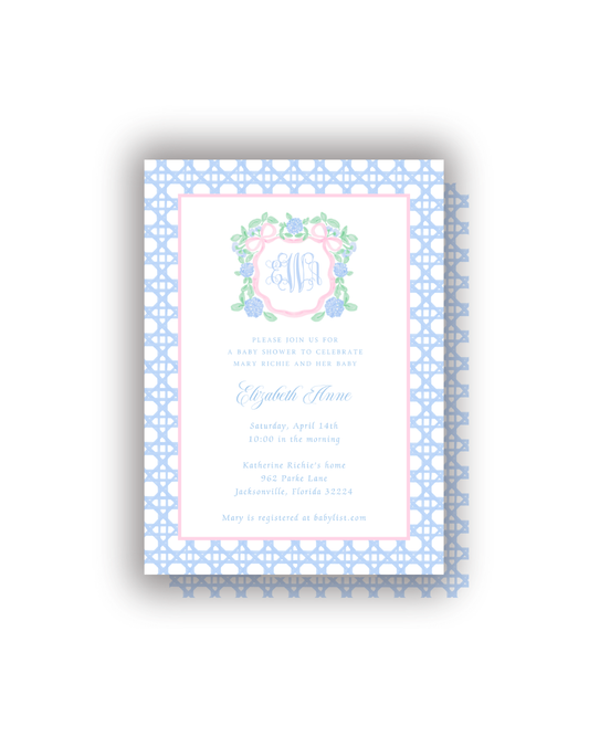 Hydrangea Crest and Cane personalized invitations