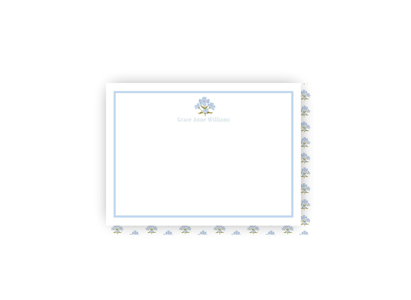 Blue Floral Block Print personalized flat notecards