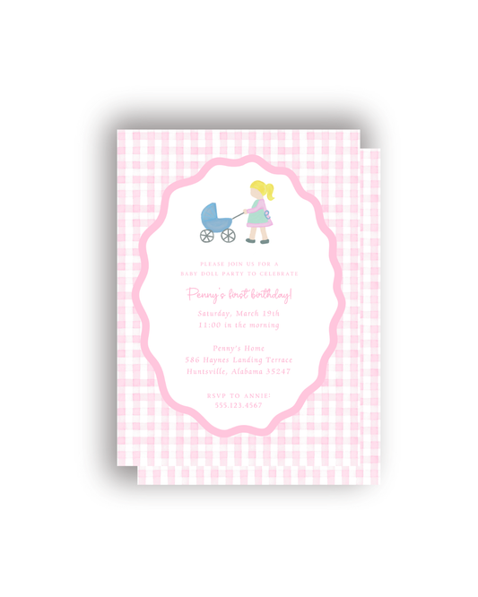 Girl and Baby Carriage personalized invitations