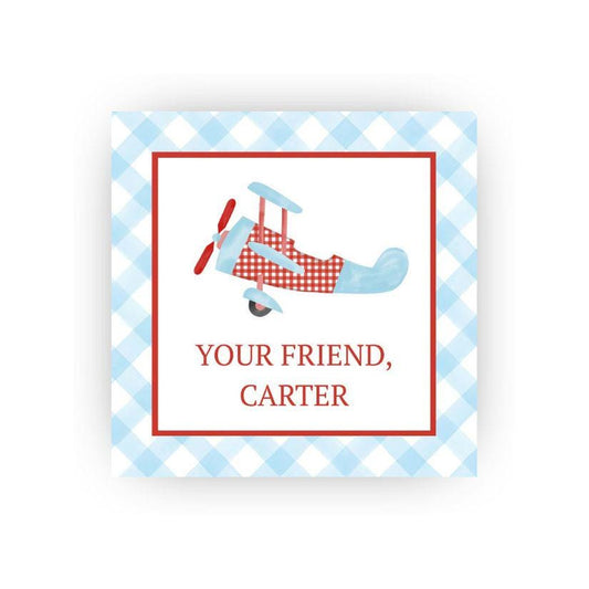 Airplane and Gingham personalized gift sticker