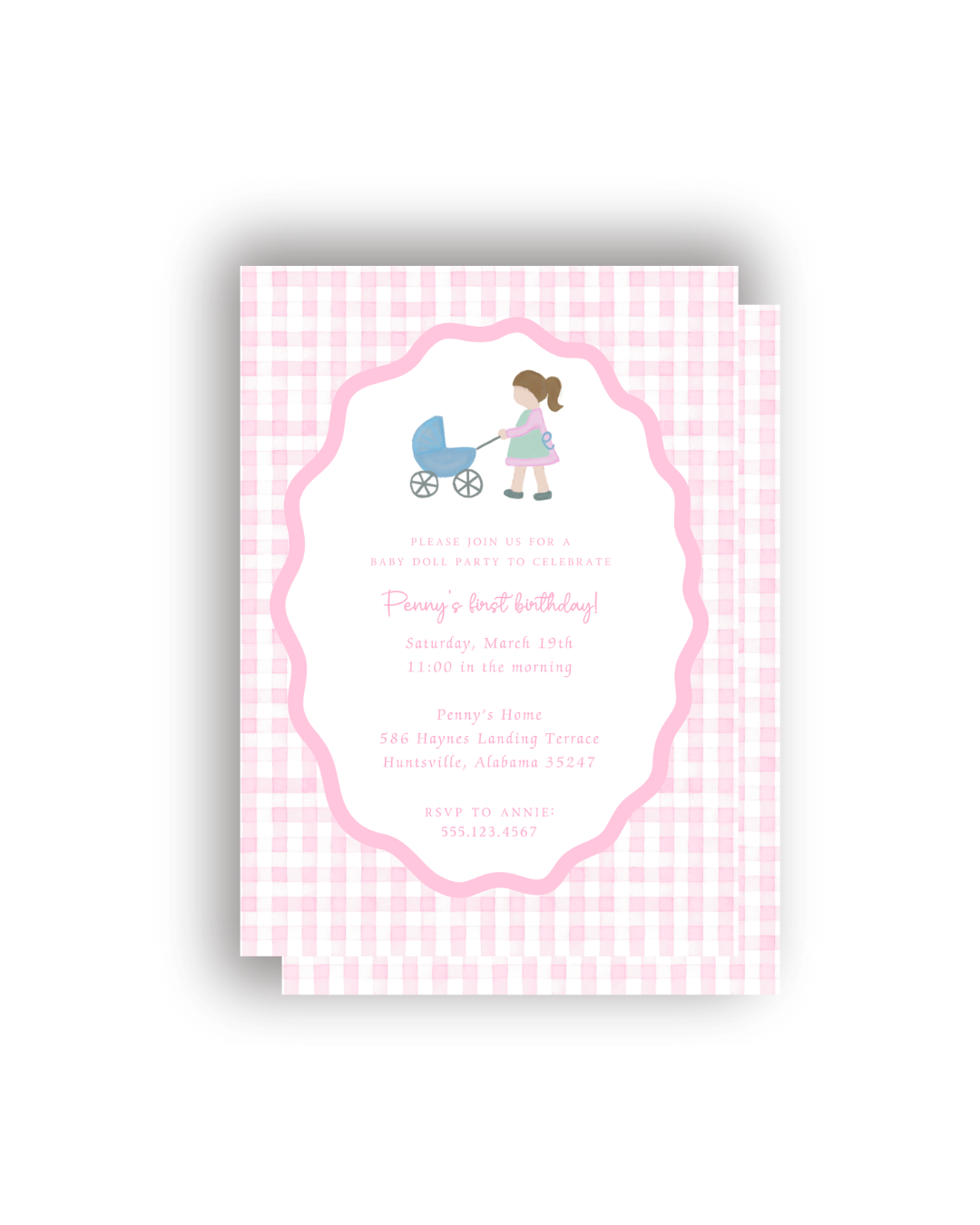 Girl and Baby Carriage personalized invitations