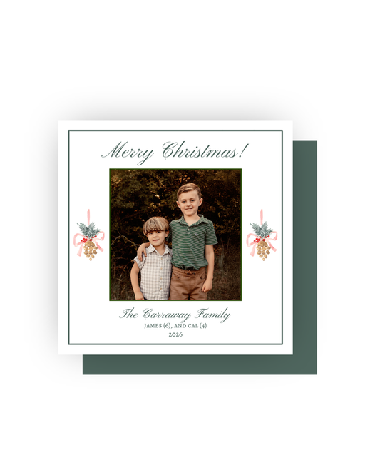 Pine Cone and Green Square Personalized Christmas Card