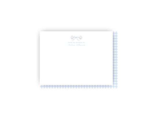 Baby Rattle and Blue Bow Nursery Personalized Notecards