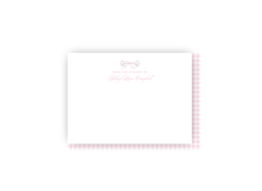 Baby Rattle and Pink Bow Nursery Personalized Notecards