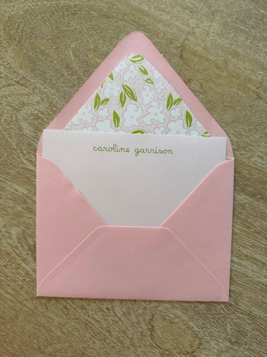 Pink and Leafy Green ditsy floral personalized notecards