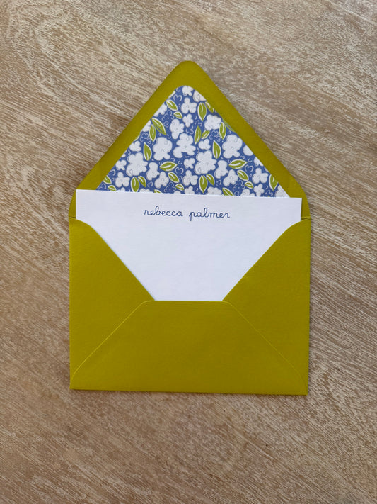 Blue and Olive Green Ditsy floral personalized notecards