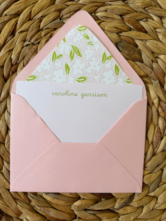 Pink and Leafy Green ditsy floral personalized notecards