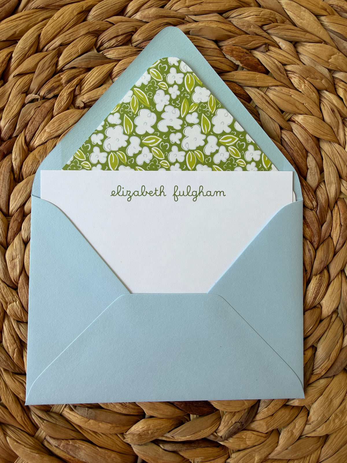 Green Ditsy Floral Personalized notecards with blue envelopes