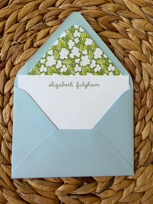 Green Ditsy Floral Personalized notecards with blue envelopes