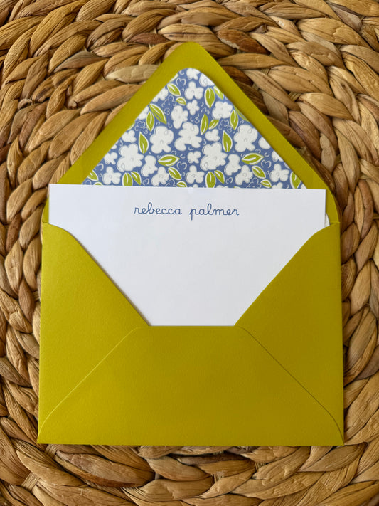 Blue and Olive Green Ditsy floral personalized notecards