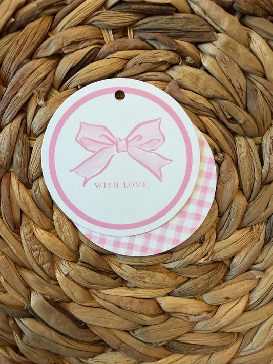 Round pink gingham and Bow non-personalized tags