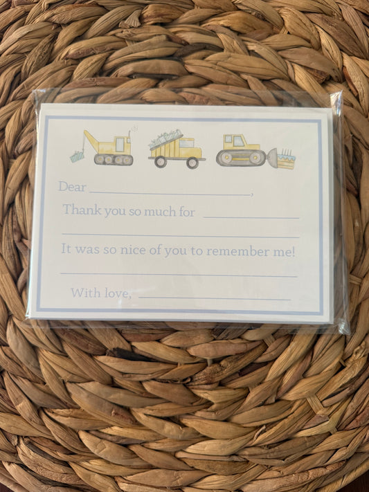 Construction vehicle fill-in thank you notes and envelopes