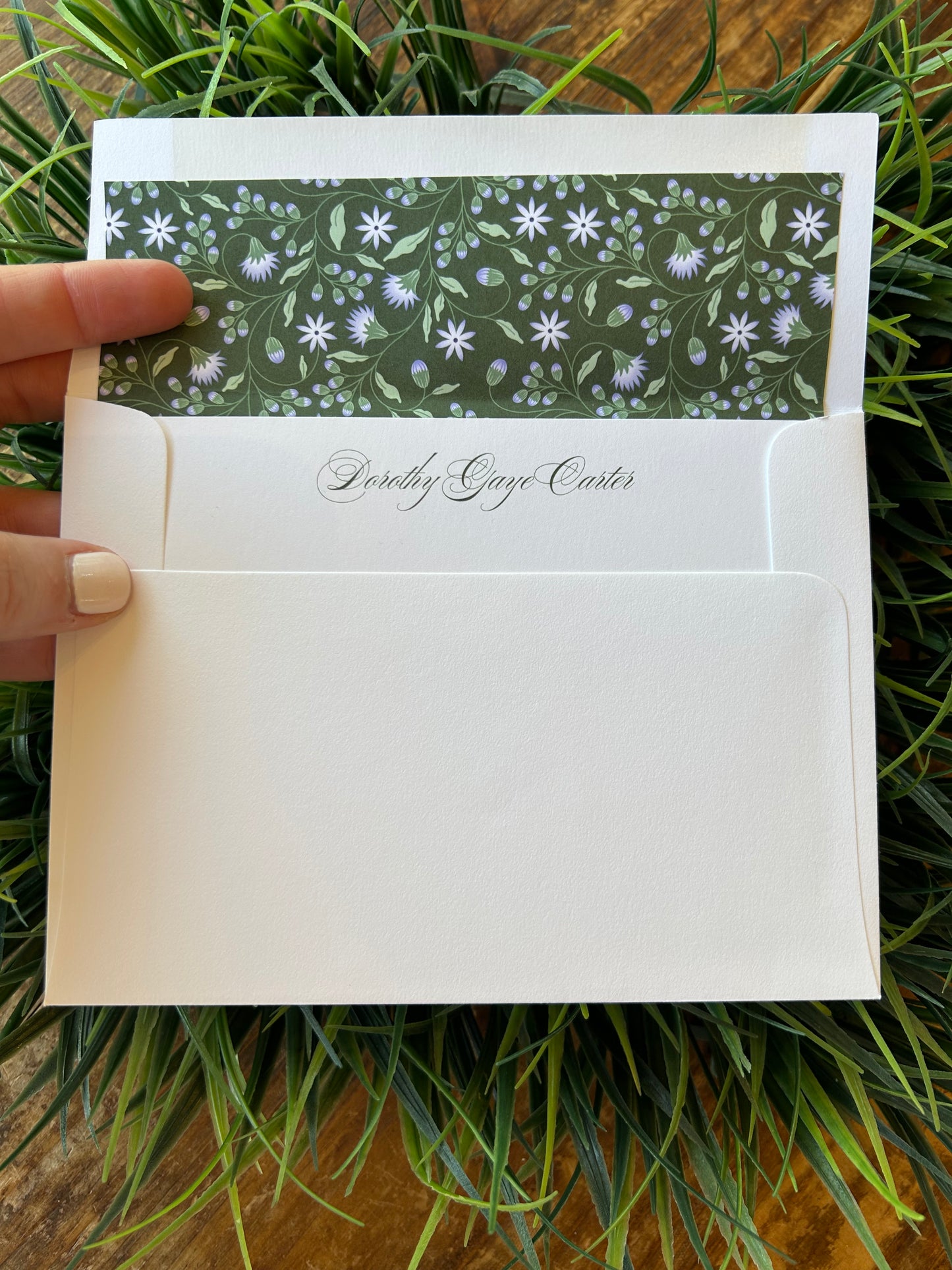 Classic script notecards with green floral envelope liner