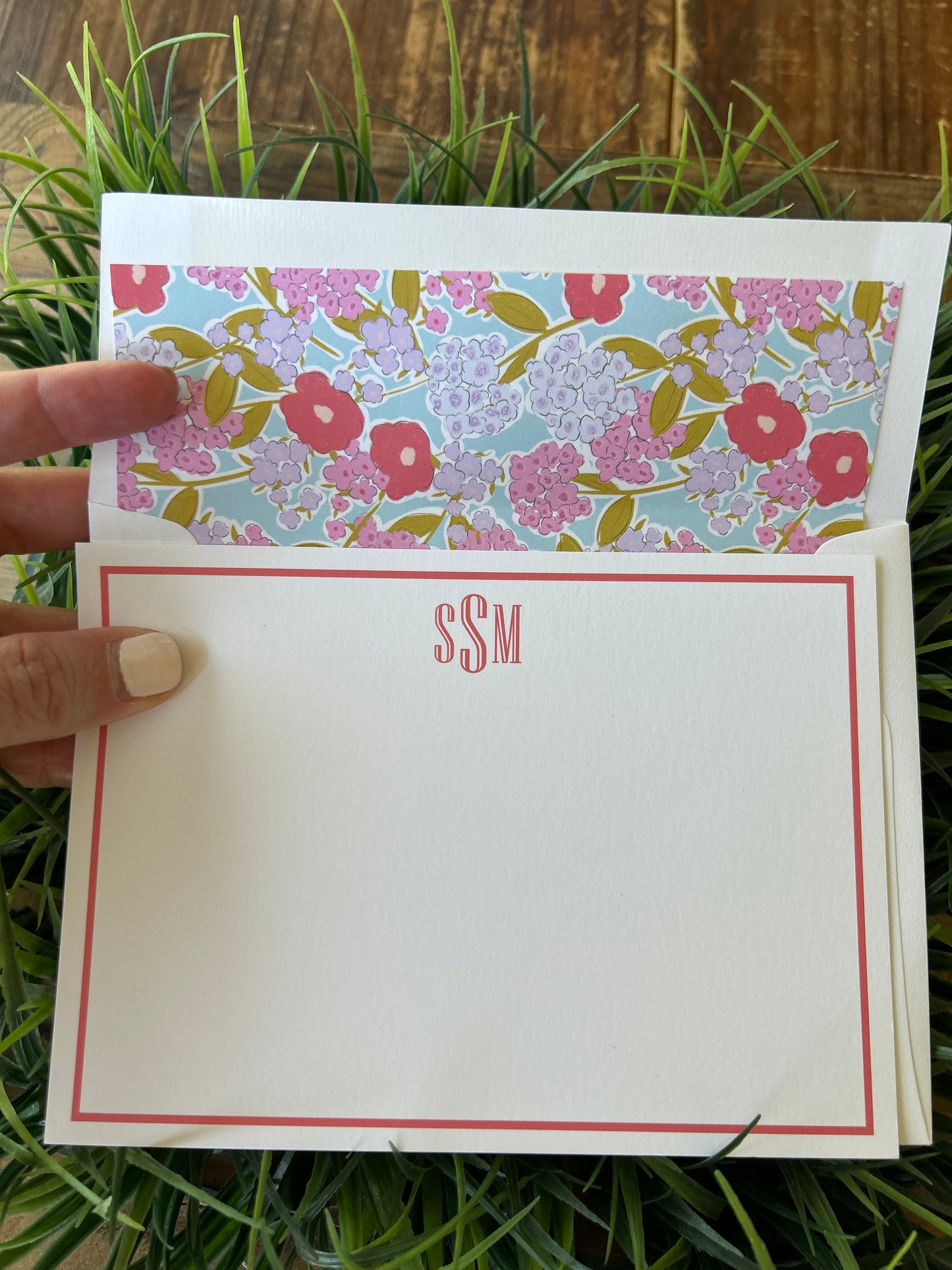 Monogrammed notecards with coral floral envelope liner