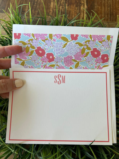 Monogrammed notecards with coral floral envelope liner
