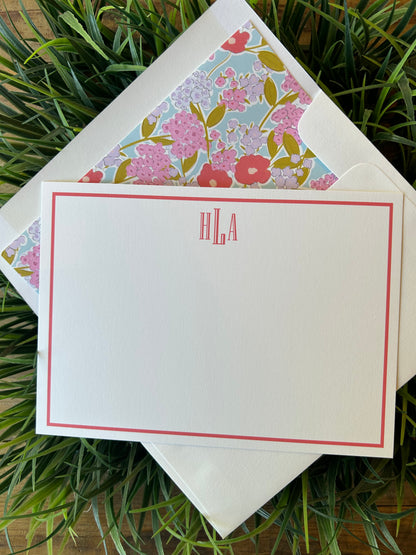 Monogrammed notecards with coral floral envelope liner