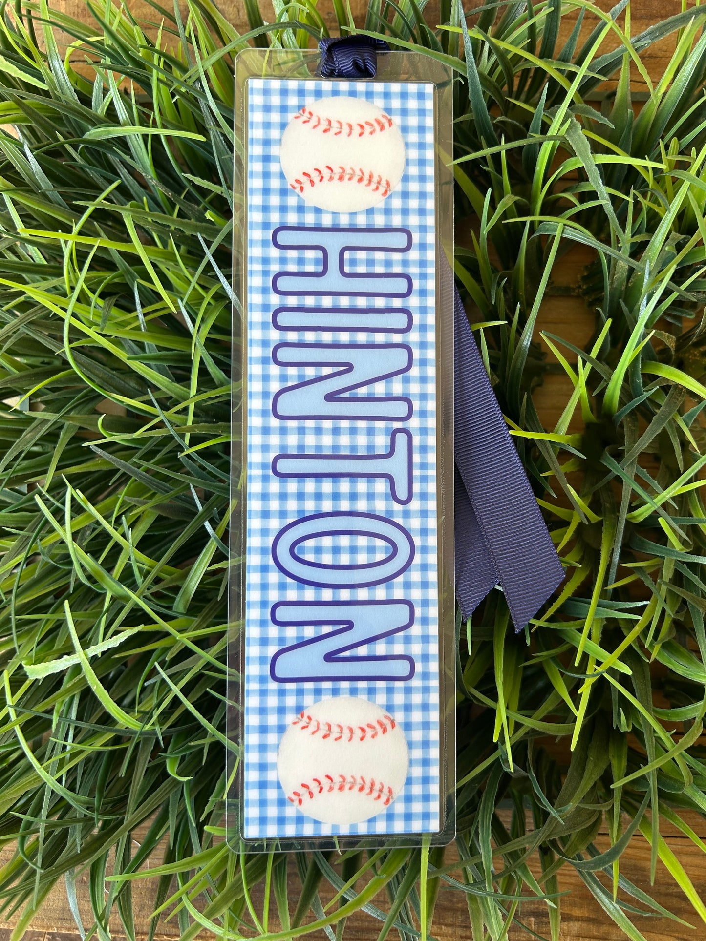 Blue gingham and baseball personalized bookmark
