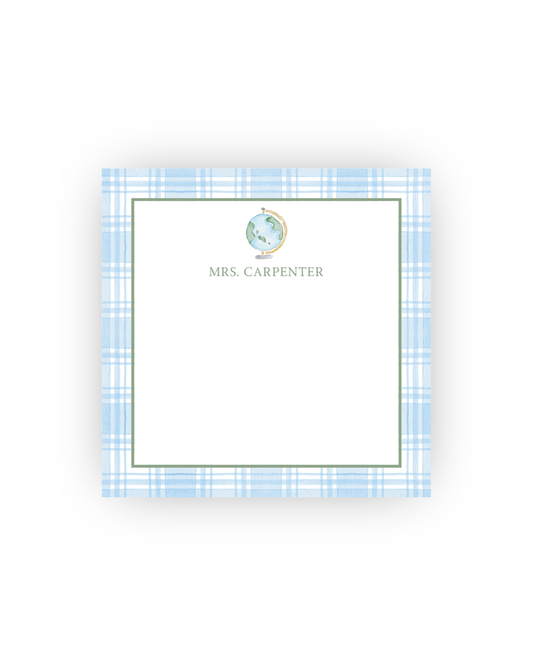 Blue Plaid and Globe teacher notepad