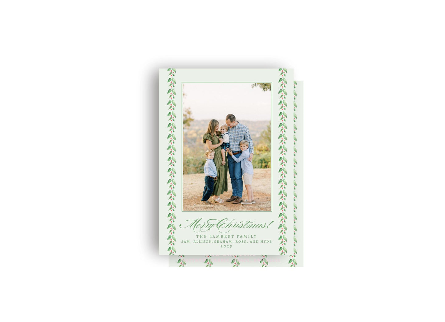 Light Green Holly Garland Personalized Christmas Card