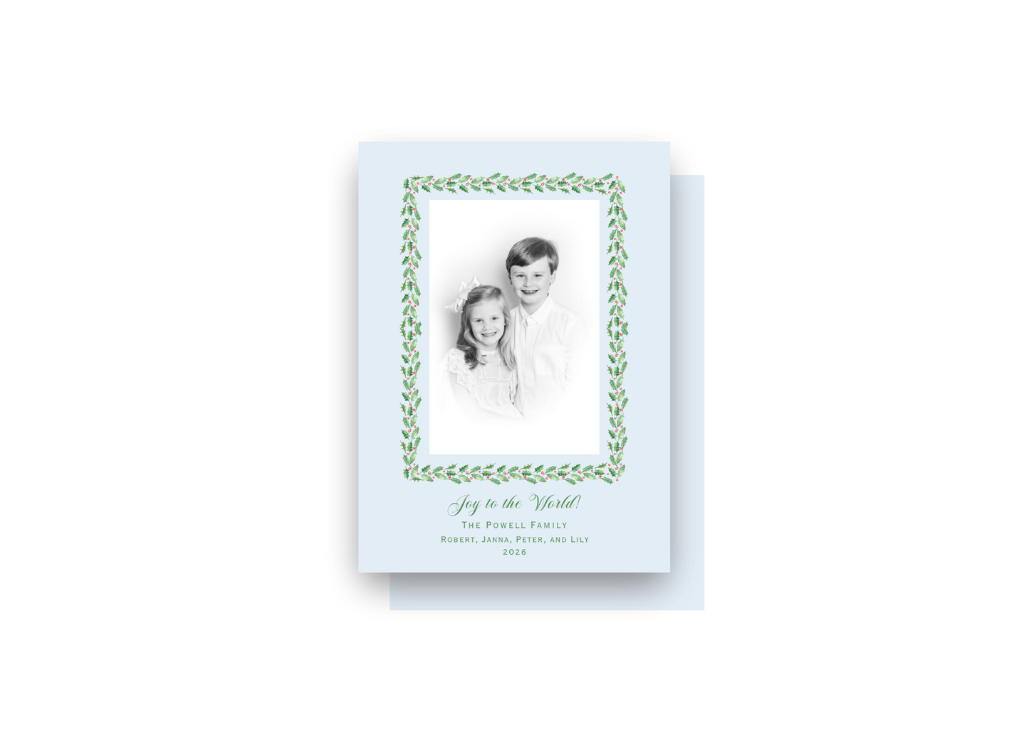 Light Blue Holly Frame Personalized Christmas Card