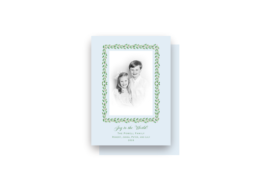 Light Blue Holly Frame Personalized Christmas Card