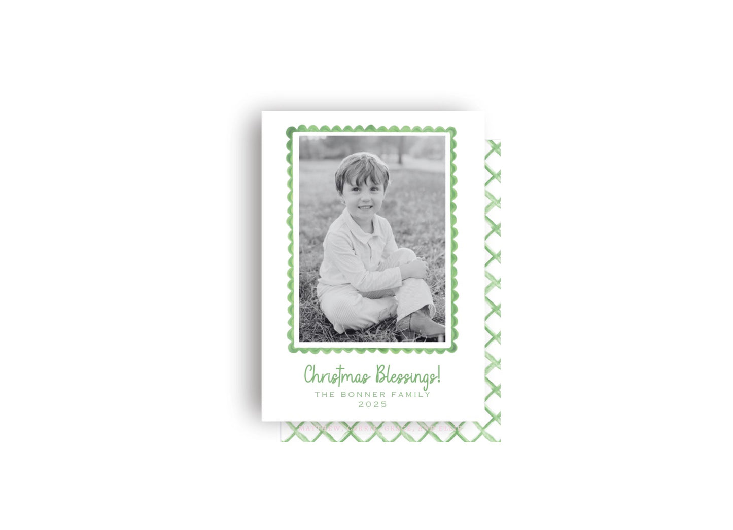 Green Scallop and Trellis Personalized Christmas Card