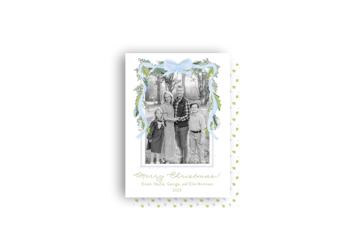 Green and Blue Bow Swag and Dot Personalized Christmas Card