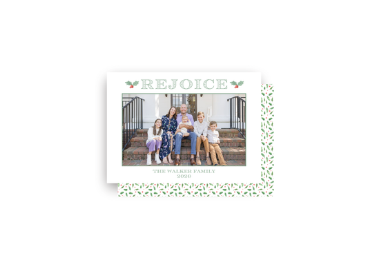 Rejoice Holly Berry Horizontal Personalized Christmas Card