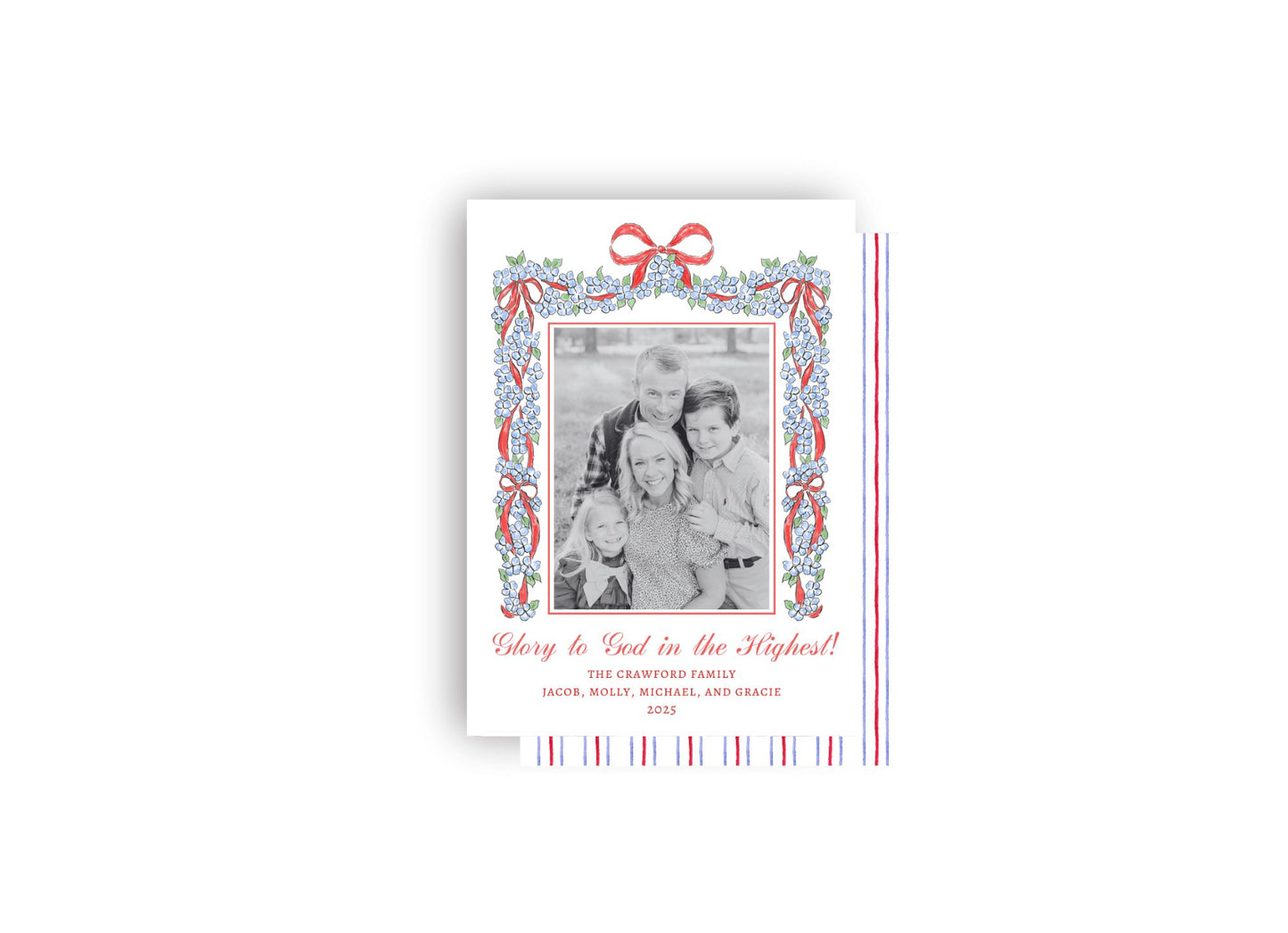 Red and Blue Hydrangea and Bow Swag Personalized Christmas Card