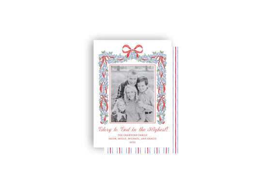 Red and Blue Hydrangea and Bow Swag Personalized Christmas Card