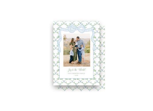 Green and Blue Trellis and Bow Personalized Christmas Card