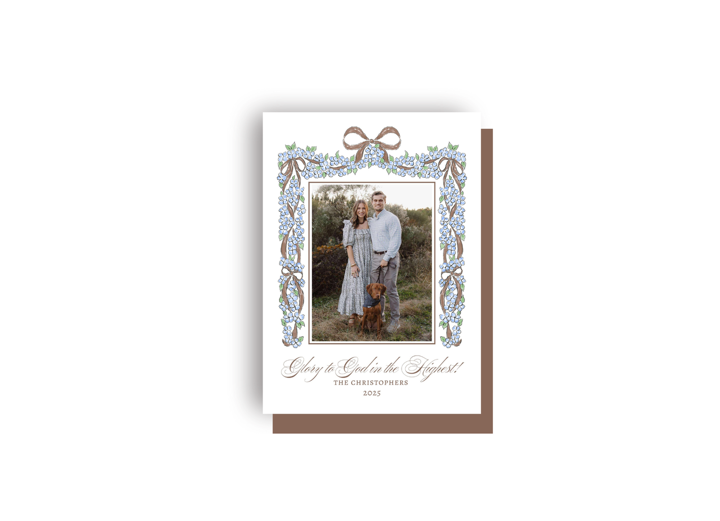 Brown and Blue Hydrangea and Bow Personalized Christmas Card