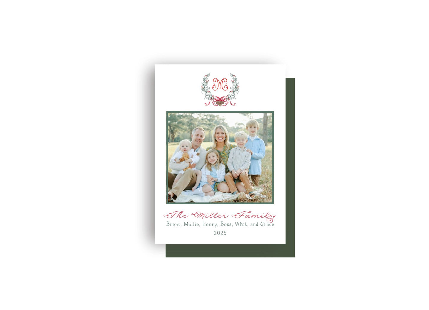 Elegant Pine Cone crest with Initial Personalized Christmas Card