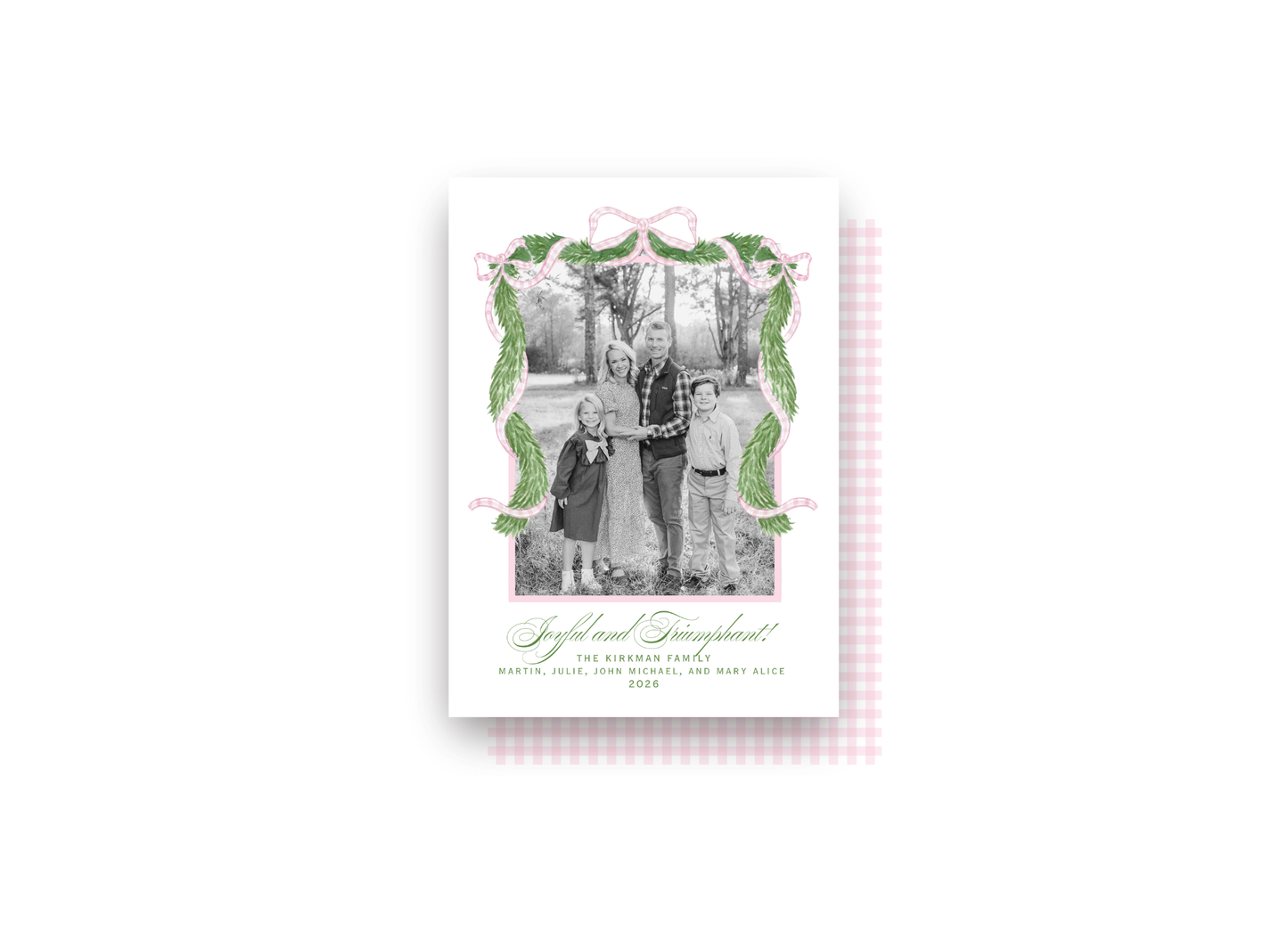 Green and Pink Gingham Garland Personalized Christmas Card