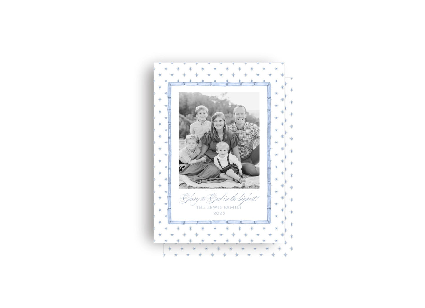 Blue Star and Bamboo Frame Personalized Christmas Card
