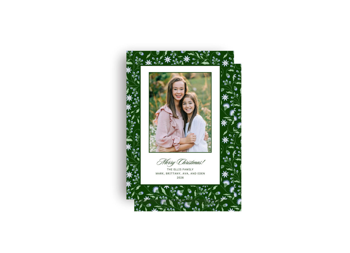 Dark Green and Lilac Floral Personalized Christmas Card